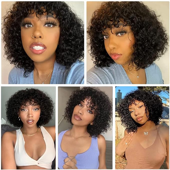 Luxe Deep Curly Human Hair Wig with Bangs