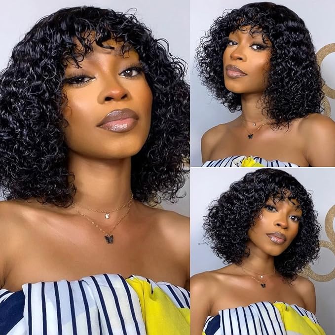 Luxe Deep Curly Human Hair Wig with Bangs