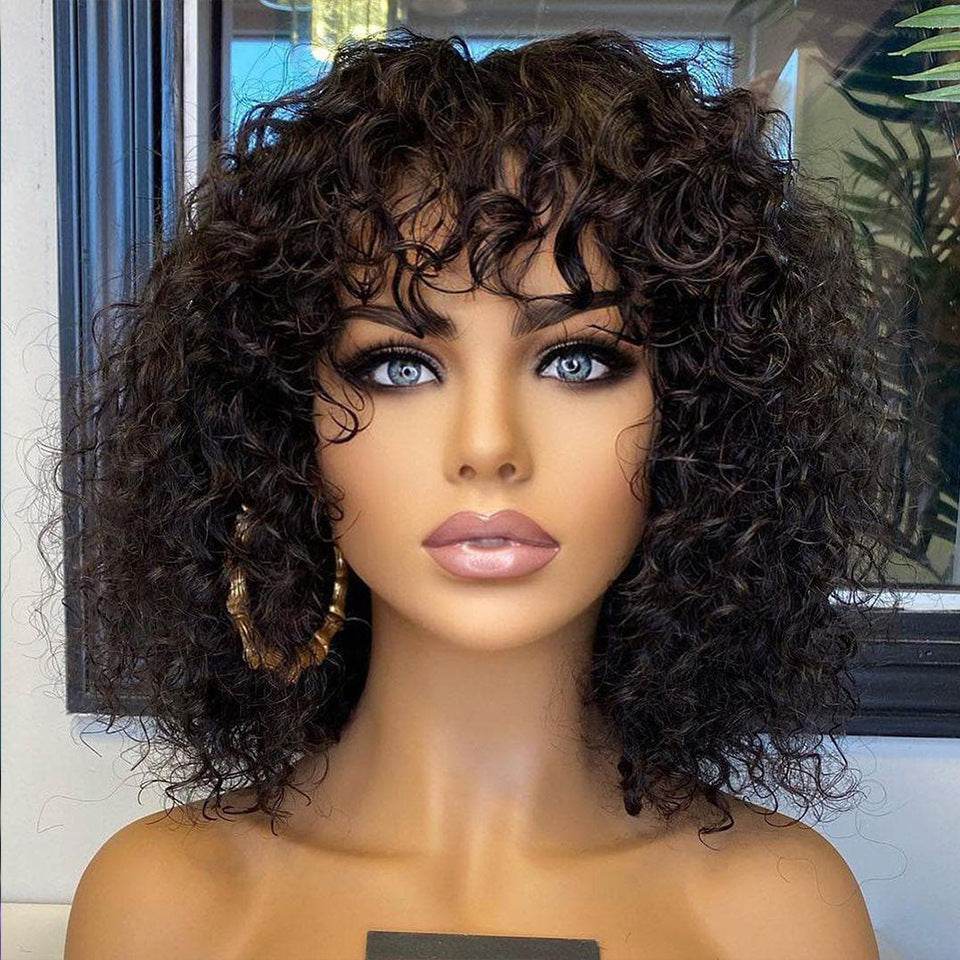 Luxe Deep Curly Human Hair Wig with Bangs