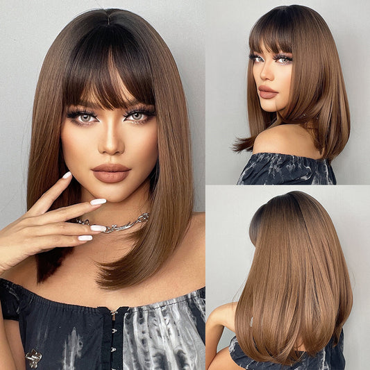 Radiant Brown Gradient Straight Hair Wig with Full Bangs