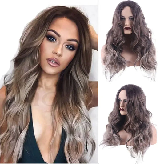 StarGlow Wave: Ombre Brown Platinum Synthetic Middle Part Wig
