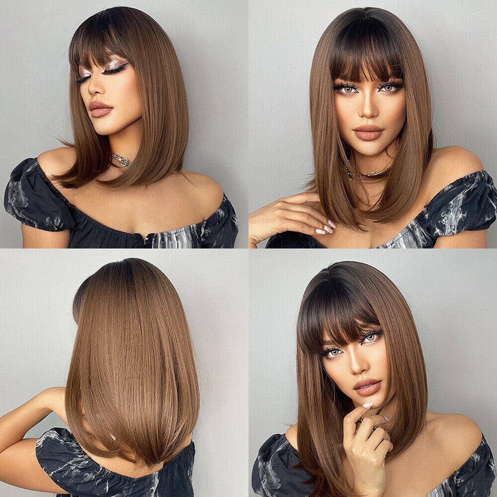 Radiant Brown Gradient Straight Hair Wig with Full Bangs