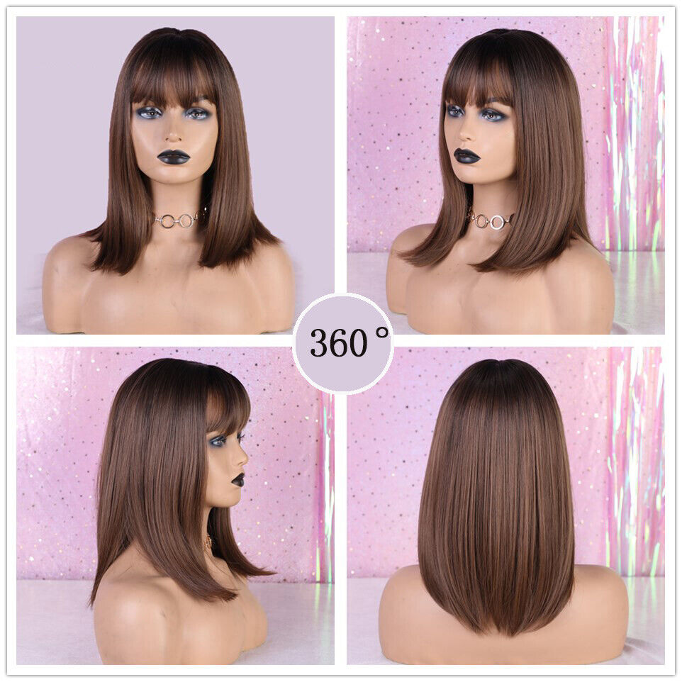 Radiant Brown Gradient Straight Hair Wig with Full Bangs